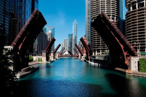 Bridges over the Chicago River were lifted to limit transportation to and from the Loop, where protesters clashed with police on Saturday, May 30.