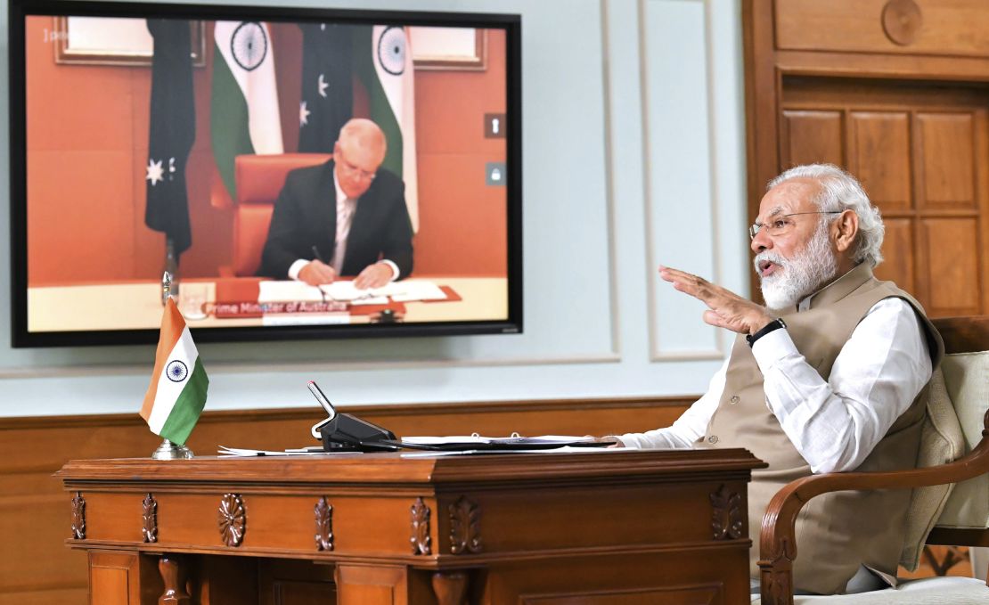 Indian Prime Minister Narendra Modi speaks during a virtual meeting with Australian Prime Minister Scott Morrison, in New Delhi, India, Thursday, June 4, 2020. 