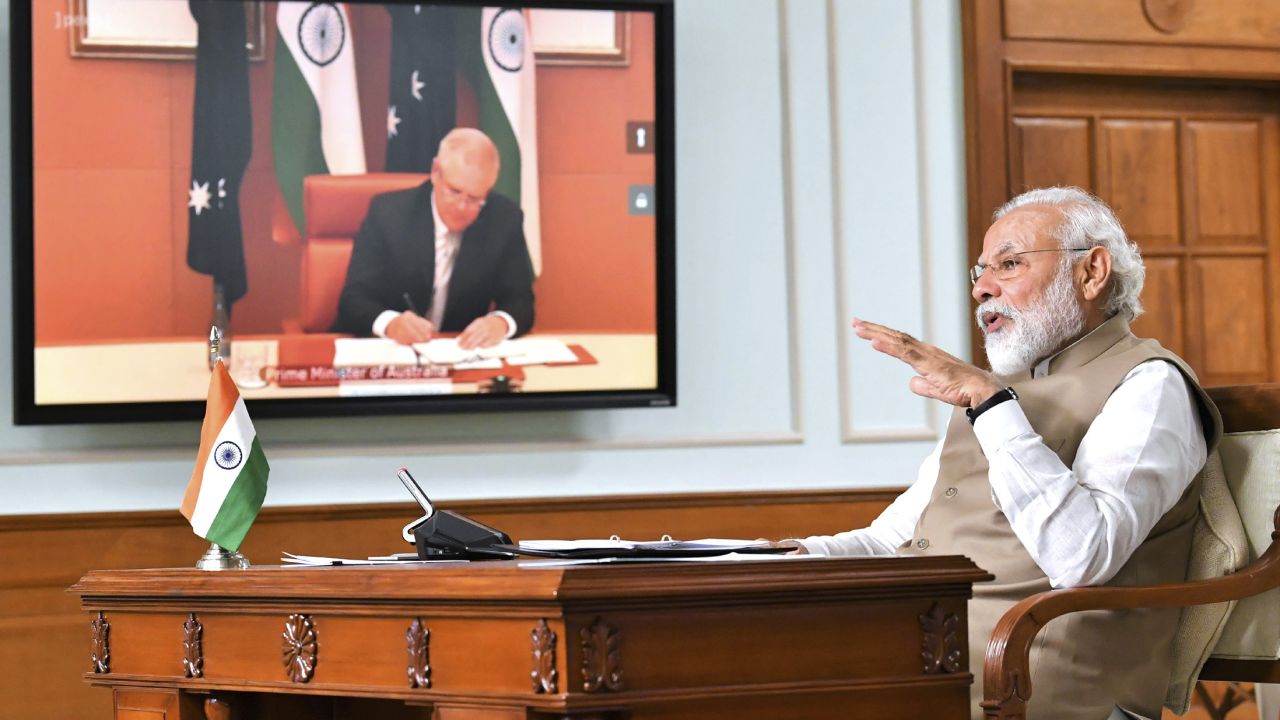 Indian Prime Minister Narendra Modi speaks during a virtual meeting with Australian Prime Minister Scott Morrison, in New Delhi, India, Thursday, June 4, 2020. 