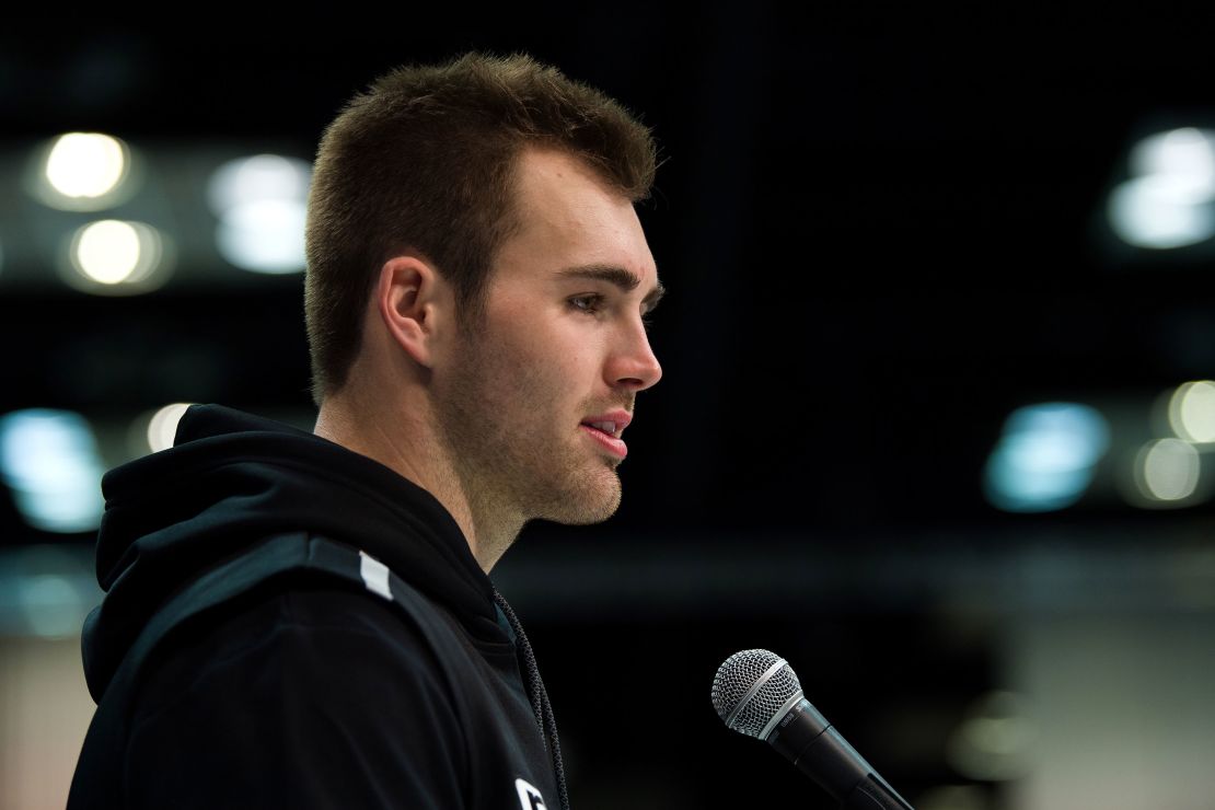 Georgia quarterback Jake Fromm answers questions from the media during the NFL Scouting Combine on February 25, 2020 at the Indiana Convention Center in Indianapolis, IN. 