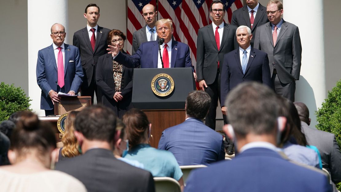 US President Donald Trump holds a press conference on the economy, in the Rose Garden of the White House in Washington, DC, on June 5, 2020. - The US economy regained 2.5 million jobs in May as coronavirus pandemic shutdowns began to ease, sending the unemployment rate falling to 13.3 percent, the Labor Department reported on June 5. (Photo by Mandel NGAN / AFP) (Photo by MANDEL NGAN/AFP via Getty Images)