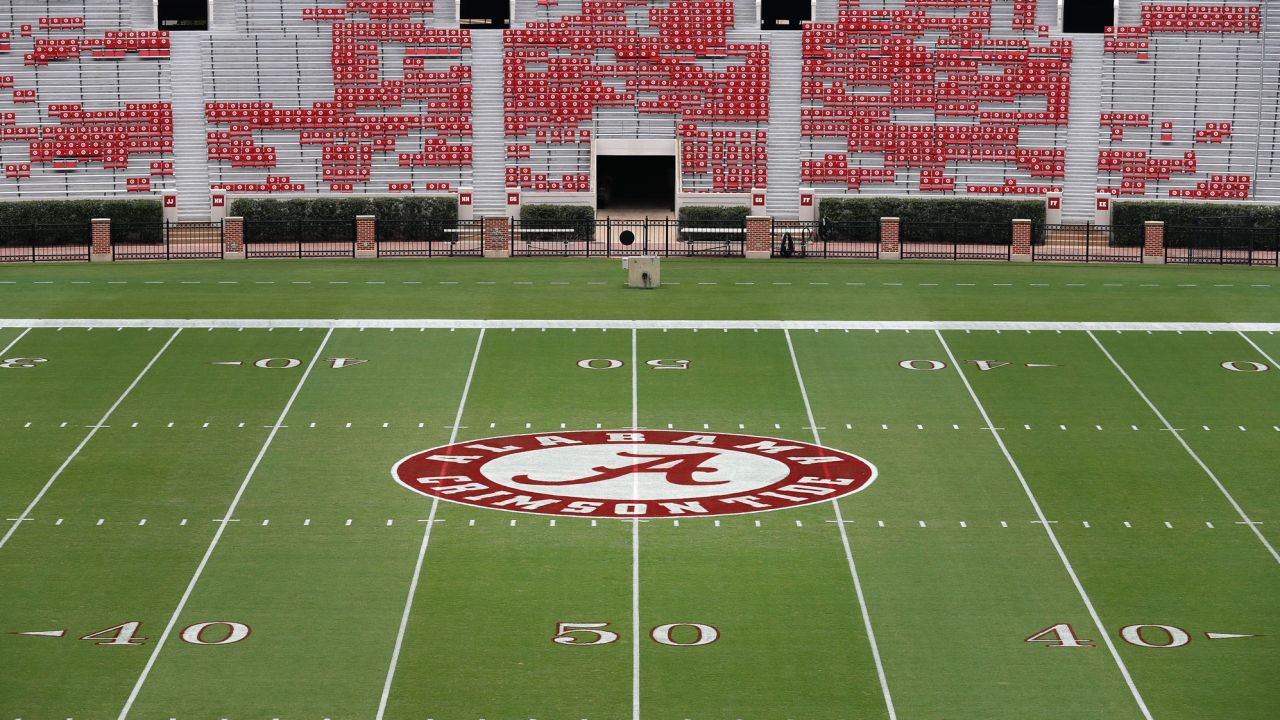 A general view of Bryant-Denny Stadium and the University of Alabama Crimson Tide logo in Tuscaloosa, Ala.