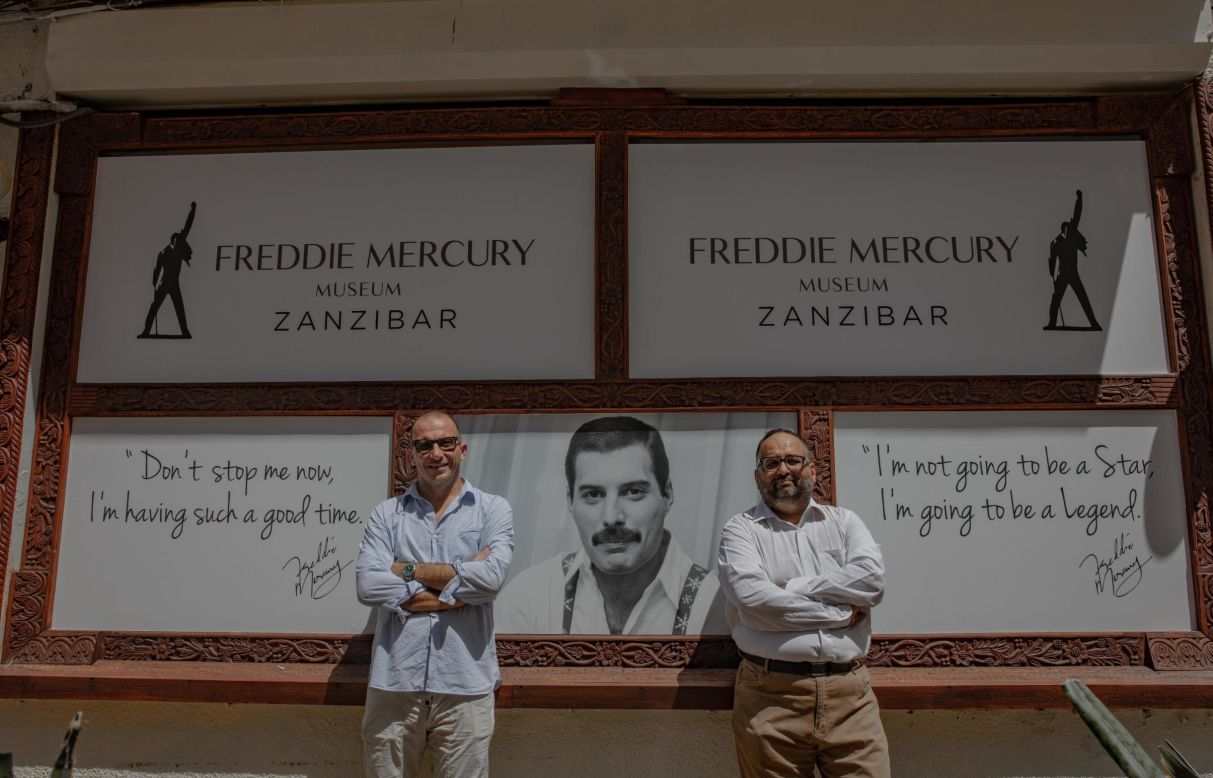 Jafferji (right) and his friend Andrea Boero (left), also a Mercury fan, partnered with Queen Productions Ltd. in the UK to convert The Mercury House into a museum, chronicling Mercury's early years in Zanzibar.