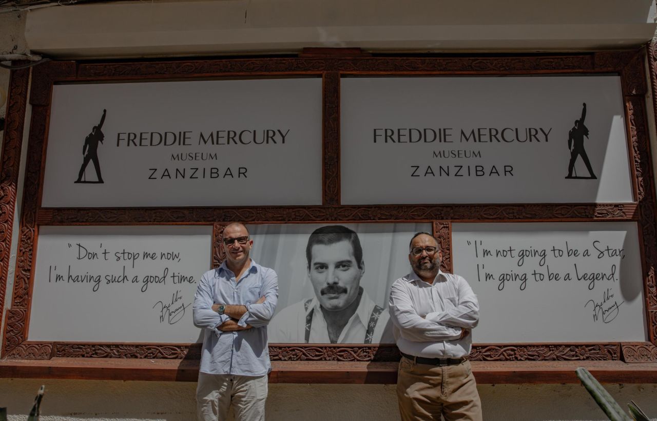 Jafferji (right) and his friend Andrea Boero (left), also a Mercury fan, partnered with Queen Productions Ltd. in the UK to convert The Mercury House into a museum, chronicling Mercury's early years in Zanzibar.
