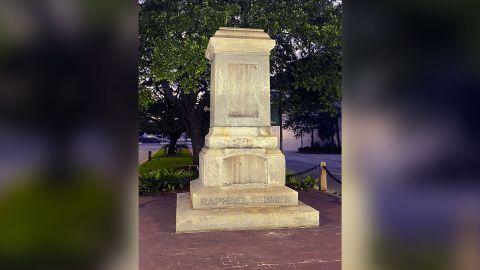 The pedestal where the statue of Raphael Semmes once stood is now empty. 