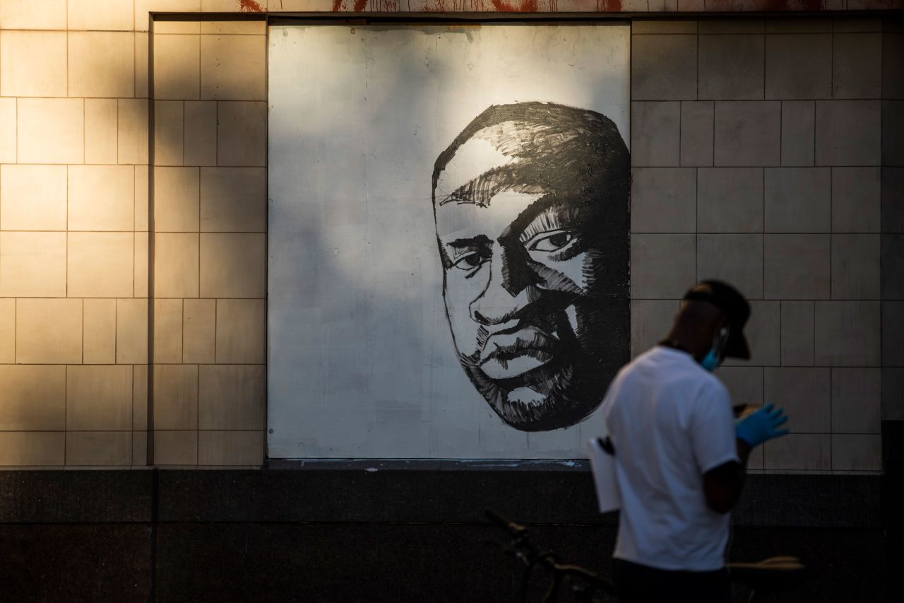 A Floyd mural is seen in downtown Oakland during protests on June 3.