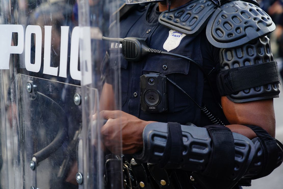 A police officer wearing a body cam is seen during a demonstration in Atlanta on May 31.