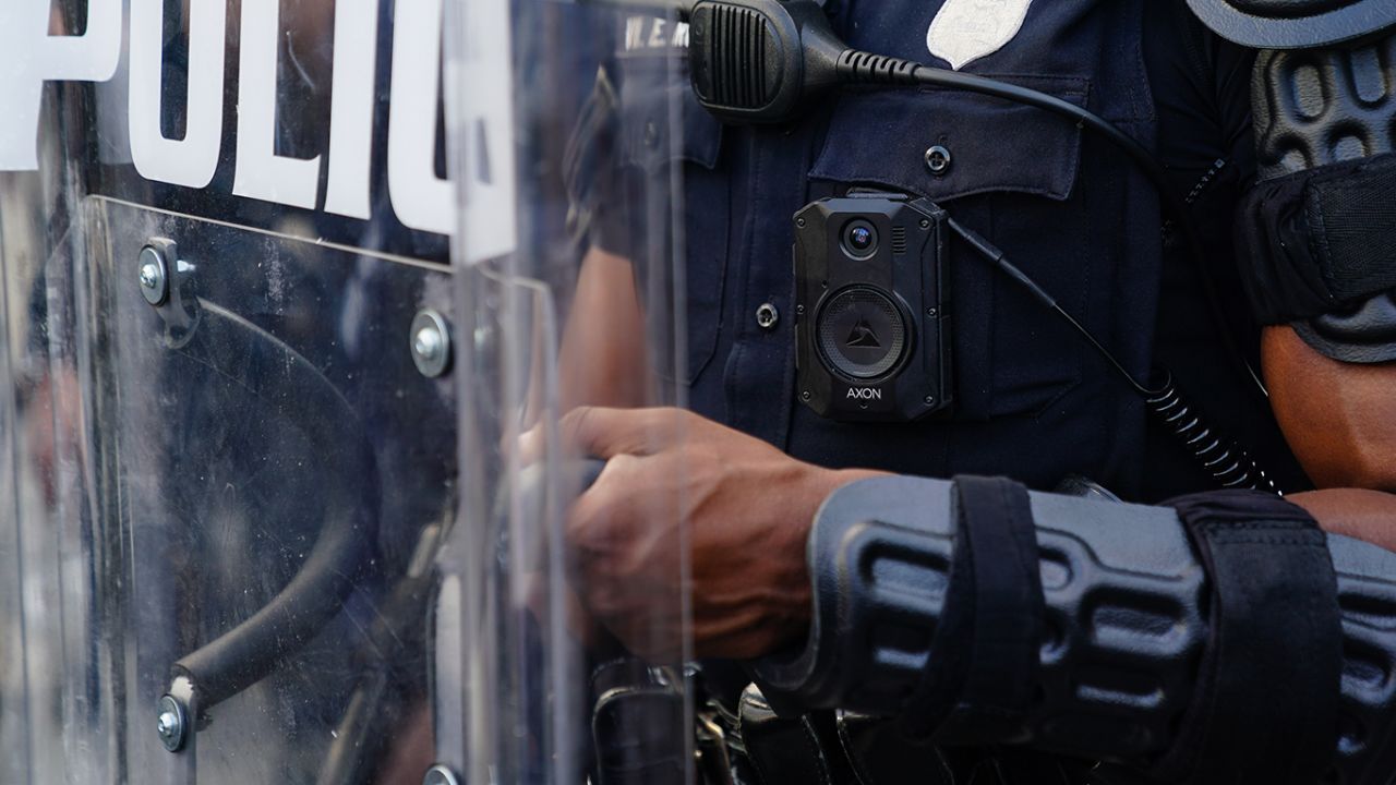 A police officer wearing a body cam is seen during a demonstration in Atlanta on May 31.