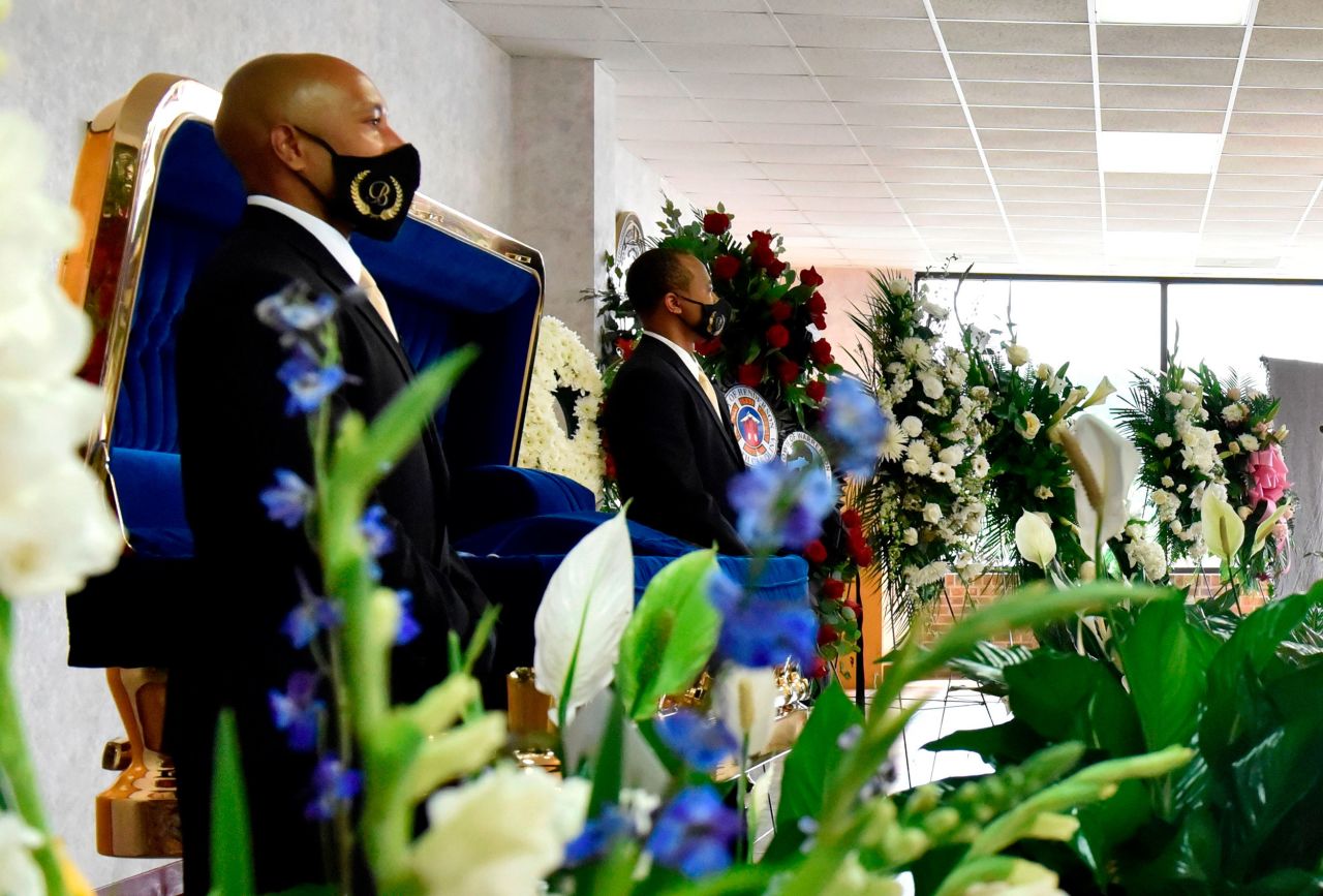 Flowers surround Floyd's casket at his public viewing in Raeford.