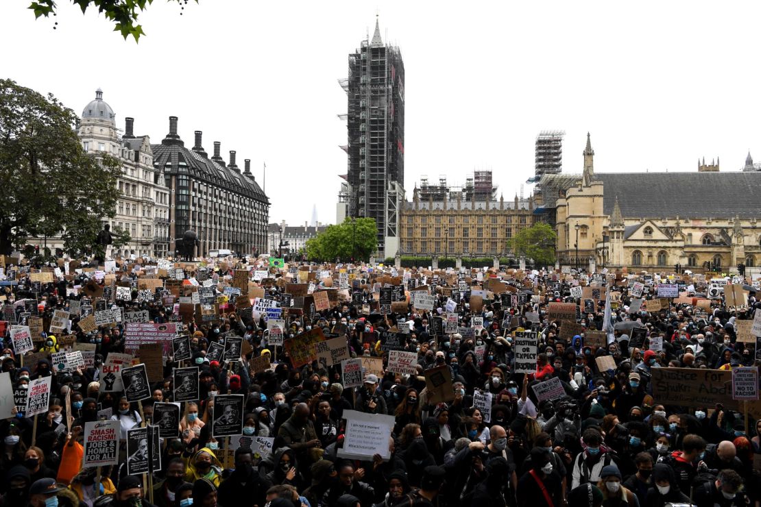 Protesters outside Parliament in London on Saturday.
