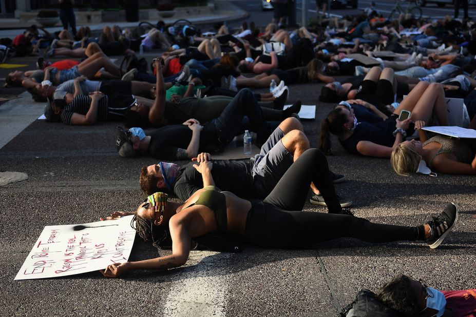 Demonstrators take to the streets in Clayton, Missouri, on June 6.