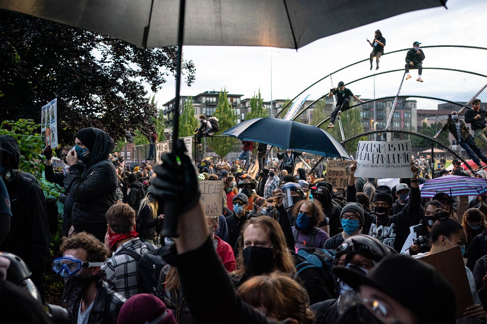 People protest near the Seattle Police Department's East Precinct on June 6.