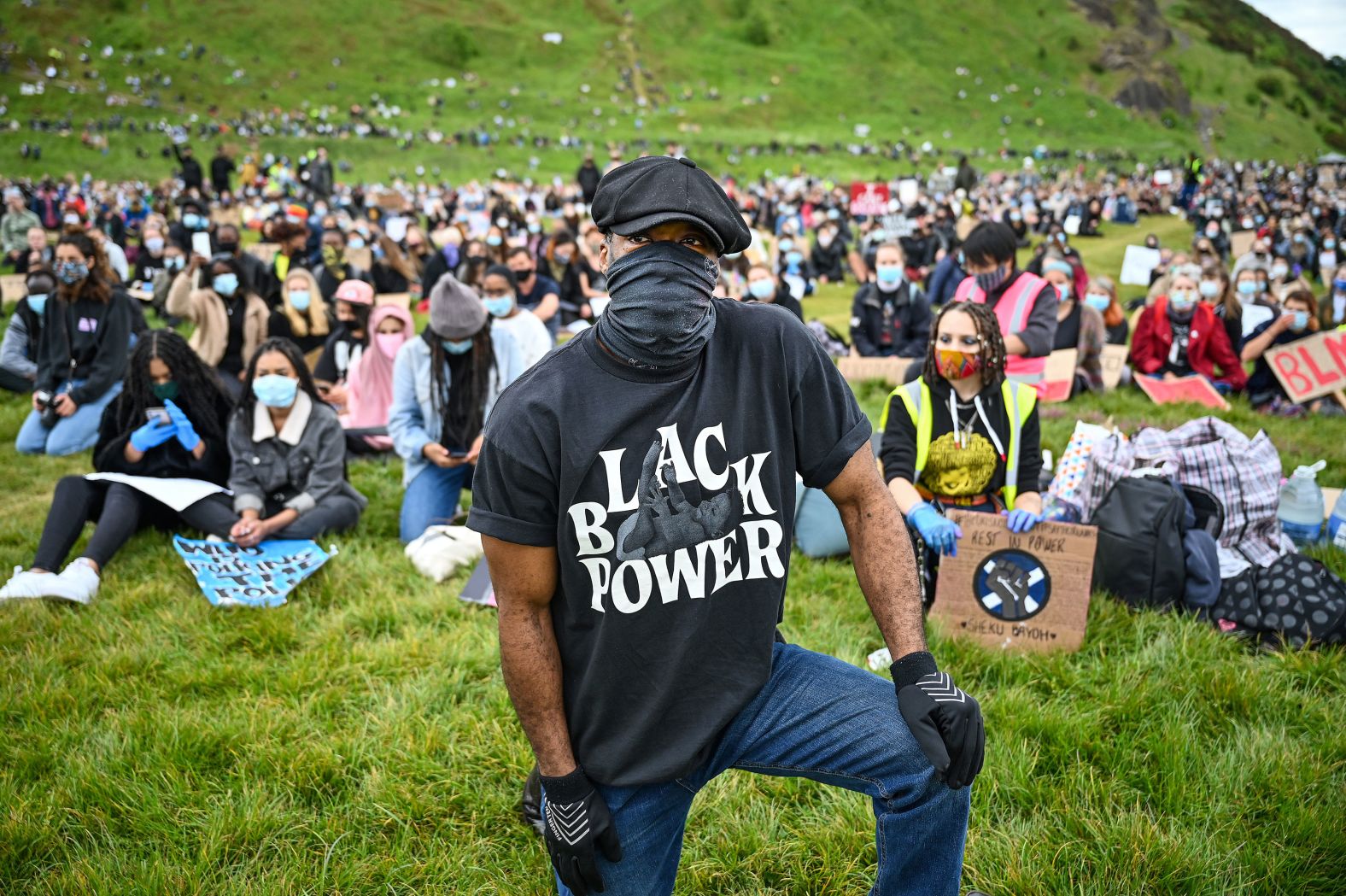 Demonstrators protest in Holyrood Park in Edinburgh, Scotland, on June 7.