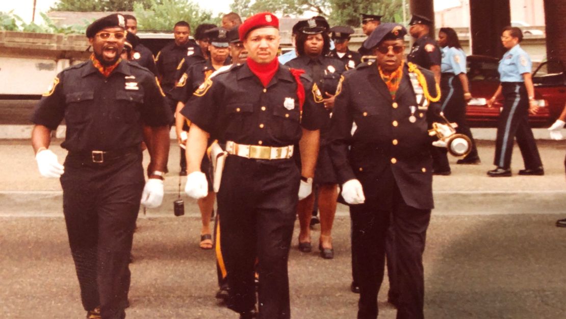 De Lacy Davis (center) marching with members of the Newark Police Dept.'s Honor Guard at the 1998 National Black Police Association's conference.