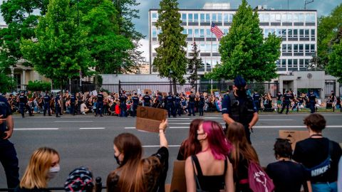 Crowds outside the US Embassy in Warsaw, Poland.