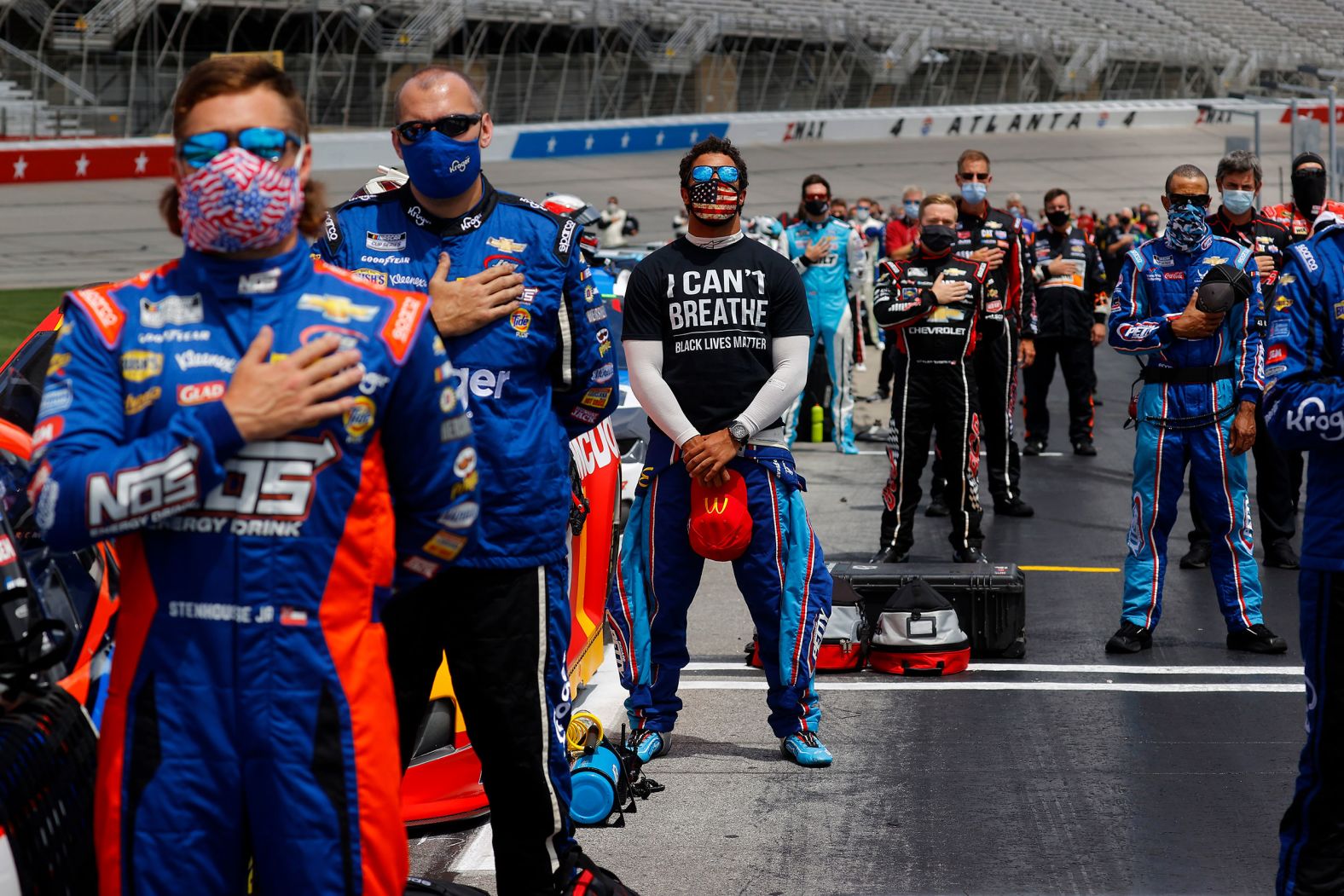 NASCAR driver Bubba Wallace wears a shirt that reads "I Can't Breathe - Black Lives Matter" as the National Anthem is played before a Cup Series race at Atlanta Motor Speedway on June 7. Wallace, the only Black driver in NASCAR's top circuit, has been an outspoken advocate of the Black Lives Matter movement.