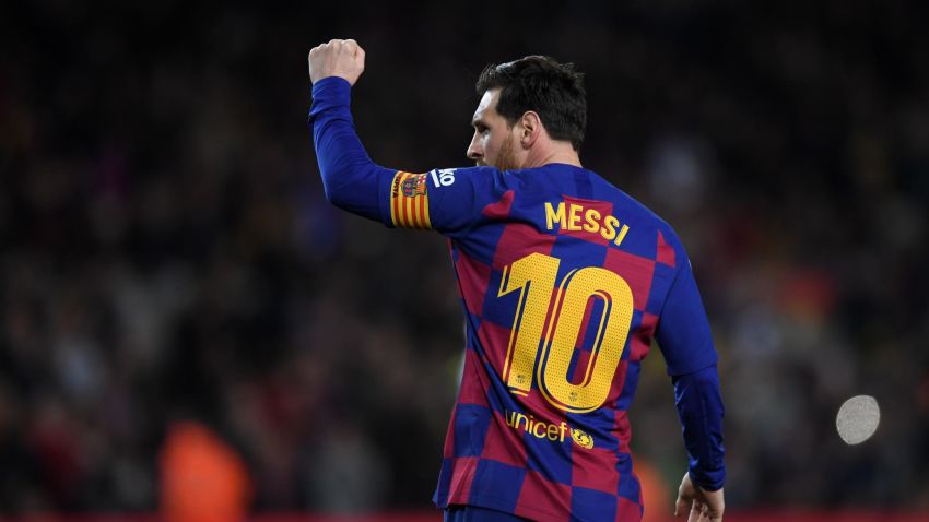 BARCELONA, SPAIN - MARCH 07: Lionel Messi of FC Barcelona celebrates after scoring his team's first goal during the La Liga match between FC Barcelona and Real Sociedad at Camp Nou on March 07, 2020 in Barcelona, Spain. (Photo by Alex Caparros/Getty Images)