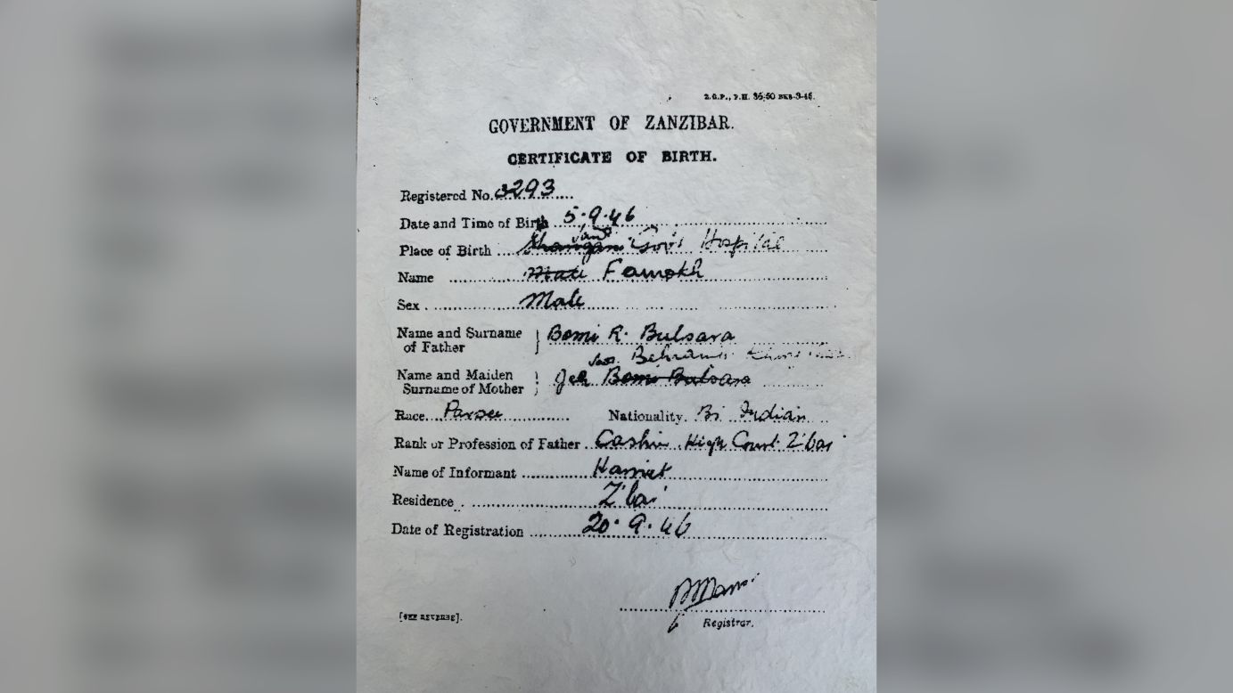 A copy of Freddie Mercury's Zanzibari birth certificate, listing his name as Farrokh.