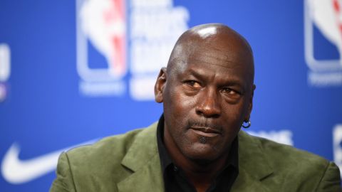 Michael Jordan addresses a press conference ahead of a game between Milwaukee Bucks and Charlotte Hornets.