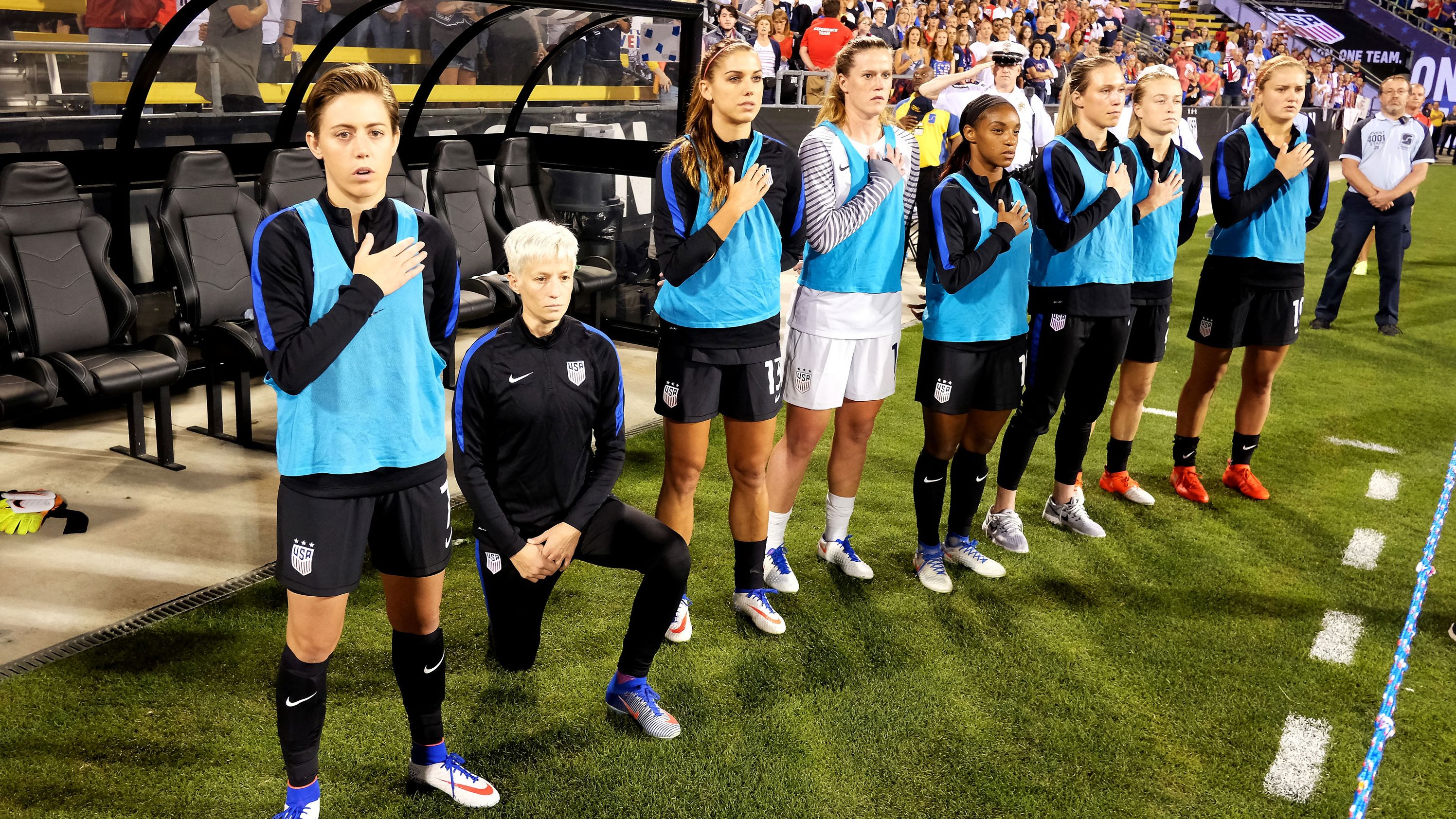 Megan Rapinoe of the US Women's National Team kneels during the playing of the US National Anthem before a match against Thailand on September 15, 2016, at MAPFRE Stadium in Columbus, Ohio.  