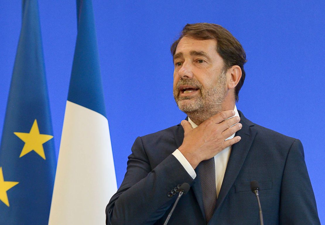 French Interior Minister Christophe Castaner, gestures during a media conference in Paris.