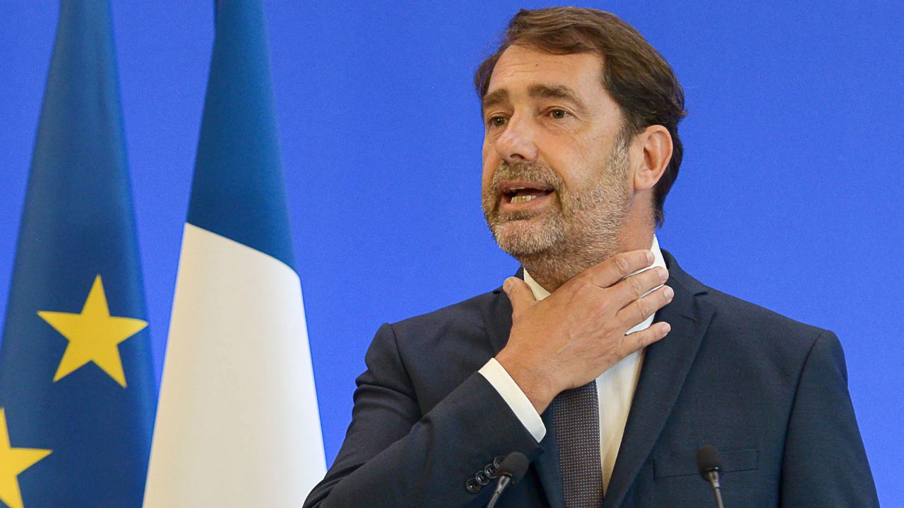 French Interior Minister Christophe Castaner, gestures during a media conference in Paris on Monday, June 8, 2020. 