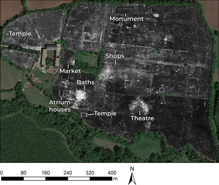 This labeled map shows the complete ancient Roman city of Falerii Novi as it currently exists underground.