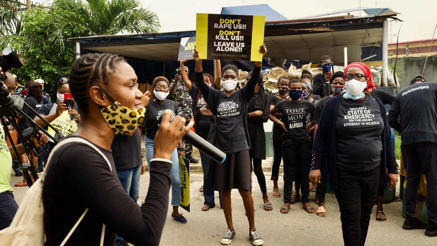 Demonstrators and activists from rights organizations protest in front of the Nigerian Police Force headquarters in Lagos.