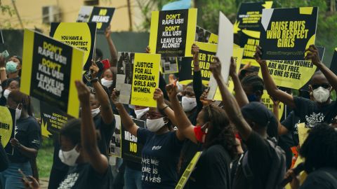 Activists from women's rights organizations in front of the Nigerian Police Headquarters in Lagos in demonstration against gender violence 