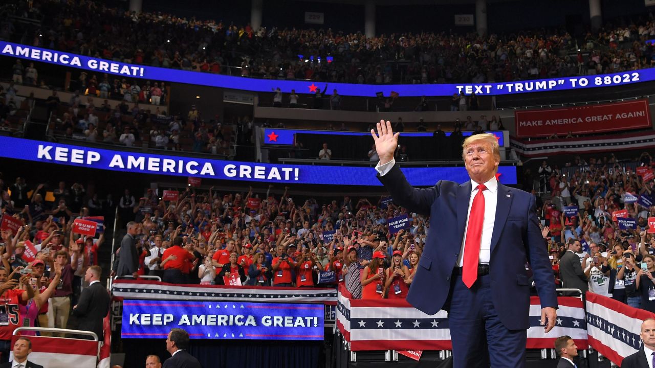 US President Donald Trump arrives to speak during a rally at the Amway Center in Orlando, Florida to officially launch his 2020 campaign on June 18, 2019.