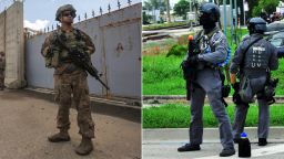 On left, a US army soldier stands on duty at the K1 airbase in northern Iraq in March 2020. On right, police in riot gear look on during a protest in June 2020 in Hollywood, Florida.