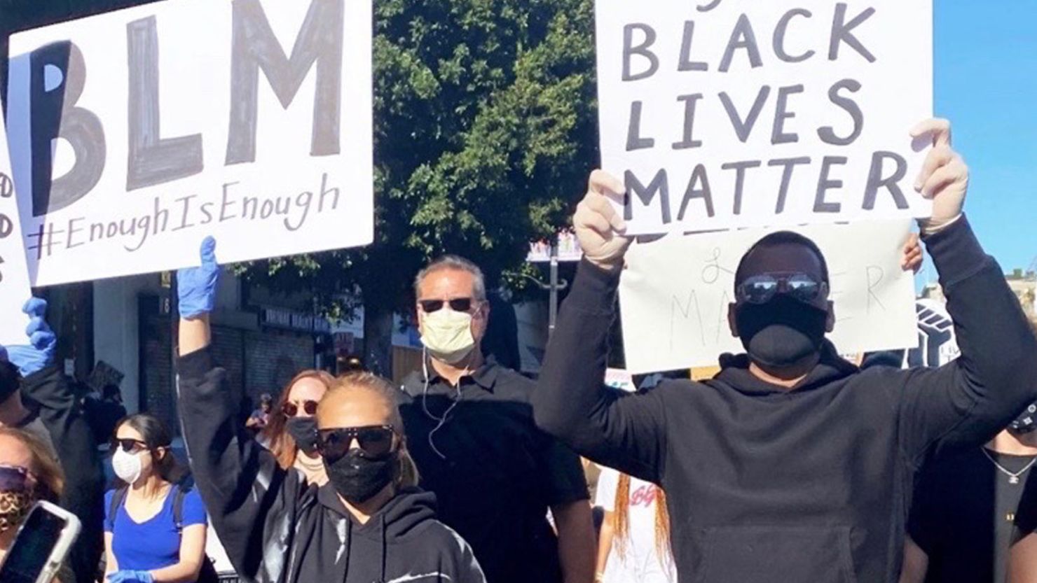 Jennifer Lopez and Alex Rodriguez joined a Black Lives Matter rally in Los Angeles.