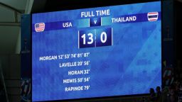 The LED board displays the final score after the 2019 FIFA Women's World Cup France group F match between USA and Thailand 