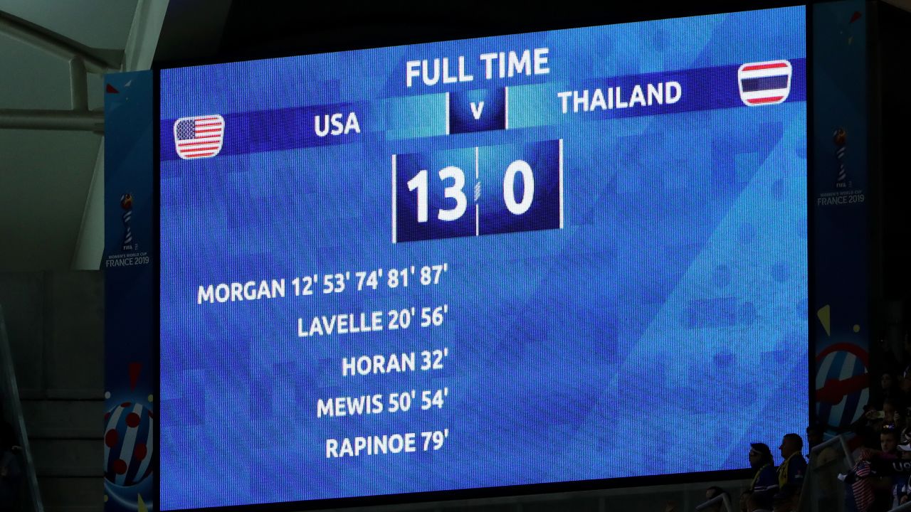 The LED board displays the final score after the 2019 FIFA Women's World Cup France group F match between the USWNT and Thailand. 