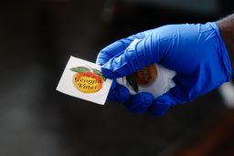 A polling place worker holds an "I'm a Georgia Voter" sticker to hand to a voter on June 9, 2020 in Atlanta, Georgia. Georgia, West Virginia, South Carolina, North Dakota, and Nevada are holding primaries amid the coroanvirus pandemic.