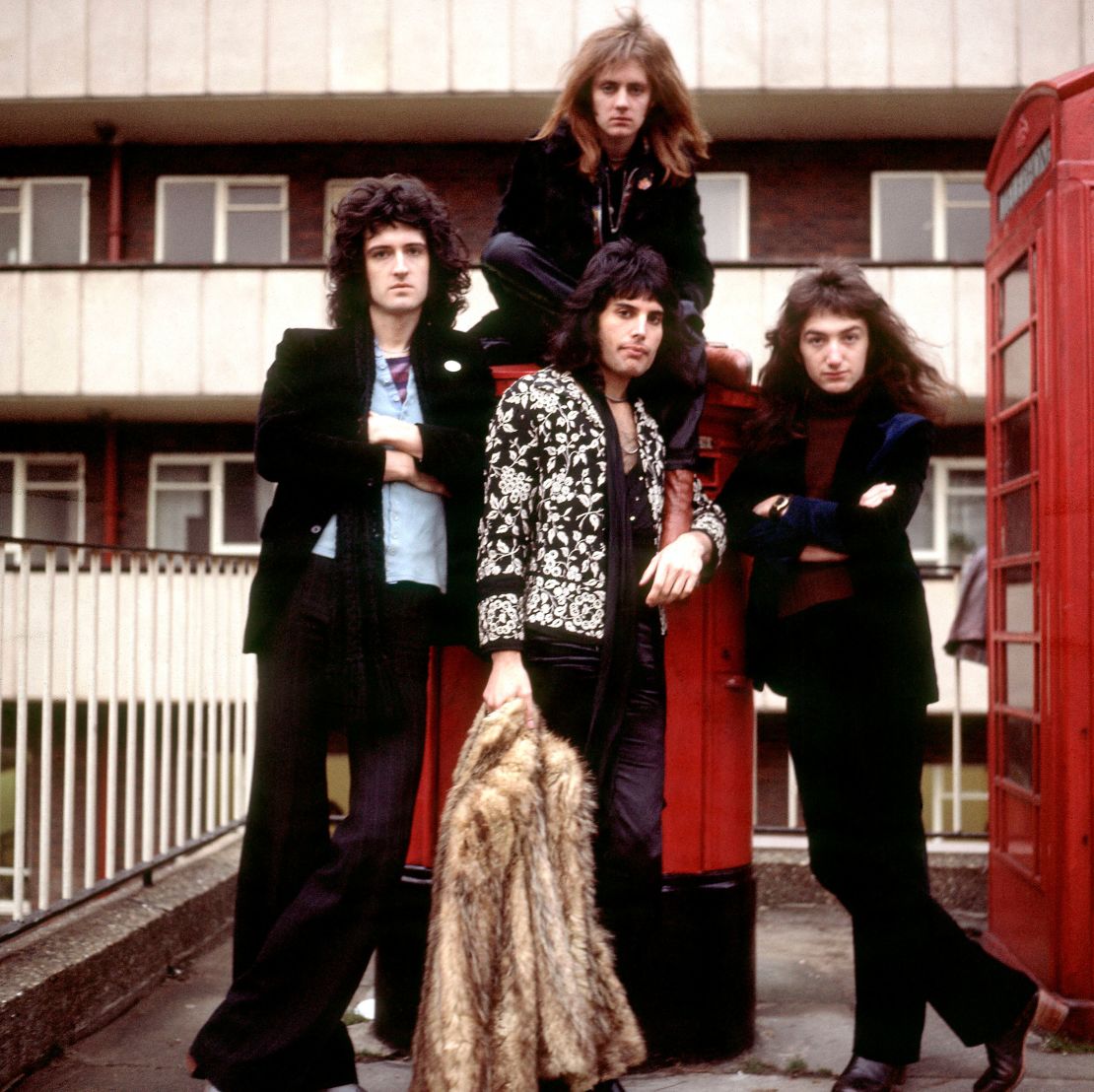 Freddie Mercury (center, front) poses with Queen bandmates Brian May, Roger Taylor and John Deacon, circa 1973.