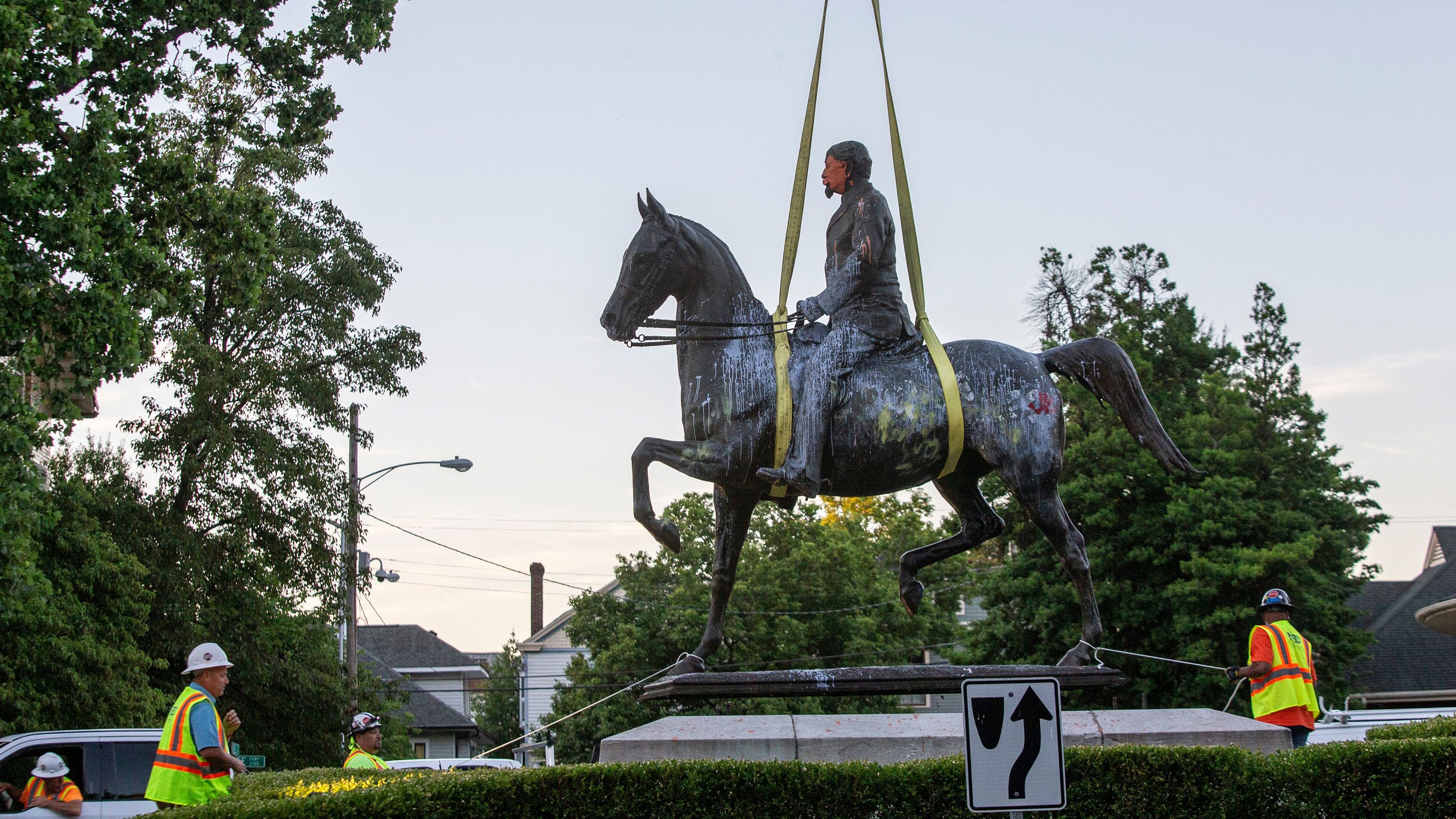 The John B. Castleman statue, in Louisville's Cherokee Triangle neighborhood, was removed from its pedestal where it stood for over 100 years. The statue to the controversial Castleman has been vandalized often over the last ten years. The statue is lifted off its base. June 8. 2020