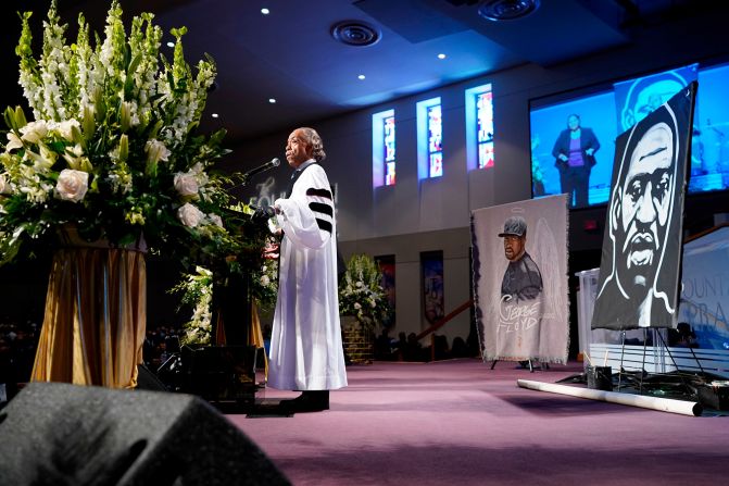 The Rev. Al Sharpton delivers a eulogy on Tuesday. "Your family's going to miss you, George, but your nation is going to always remember your name," <a href="index.php?page=&url=https%3A%2F%2Fwww.cnn.com%2Fus%2Flive-news%2Fblack-lives-matter-protests-george-floyd-06-09-2020%2Fh_5fe7953e2cafd5ef4957a3ed55882b02" target="_blank">Sharpton said.</a> "Because your neck was one that represented all of us."