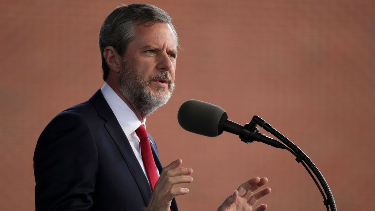 Jerry Falwell, Jr., president of Liberty University, speaks during a commencement at Liberty University May 13, 2017, in Lynchburg, Virginia. 