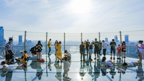 The Crystal, the sky bridge connecting four of the eight skyscrapers in the complex, features a glass-bottom viewing deck.