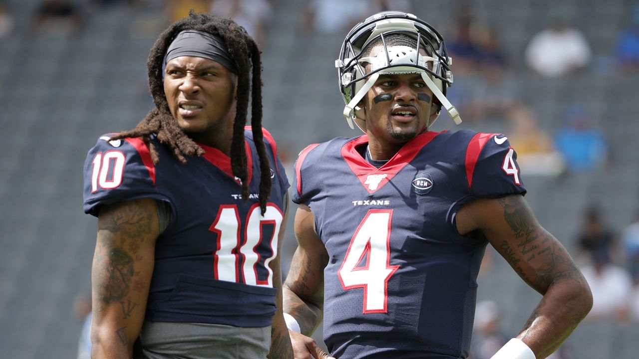 DeAndre Hopkins (at left) and Deshaun Watson when they were both with the Houston Texans. They are petitioning for Clemson to remove Calhoun's name.