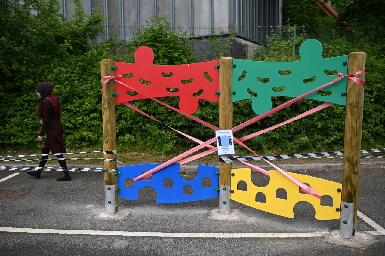 Playground equipment is taped off June 4 to prevent its use at the Brambles Primary Academy in Huddersfield, England.