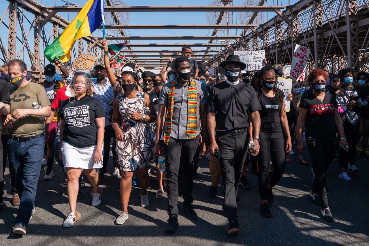New York City Public Advocate Jumaane Williams, center, leads a march over the Brooklyn Bridge during a protest for police reform on June 8.