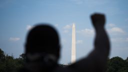 Protesters demonstrate the death of George Floyd at the Lincoln Memorial on June 9, 2020, in Washington, DC. The Washington Monument  is seen at rear. (Photo by JIM WATSON / AFP) (Photo by JIM WATSON/AFP via Getty Images)