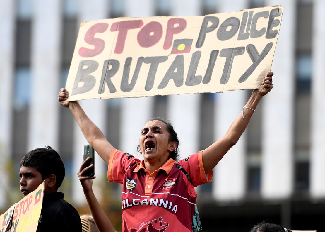 Protesters marching in solidarity with protests in the United States on June 6, 2020 in Adelaide, Australia. 