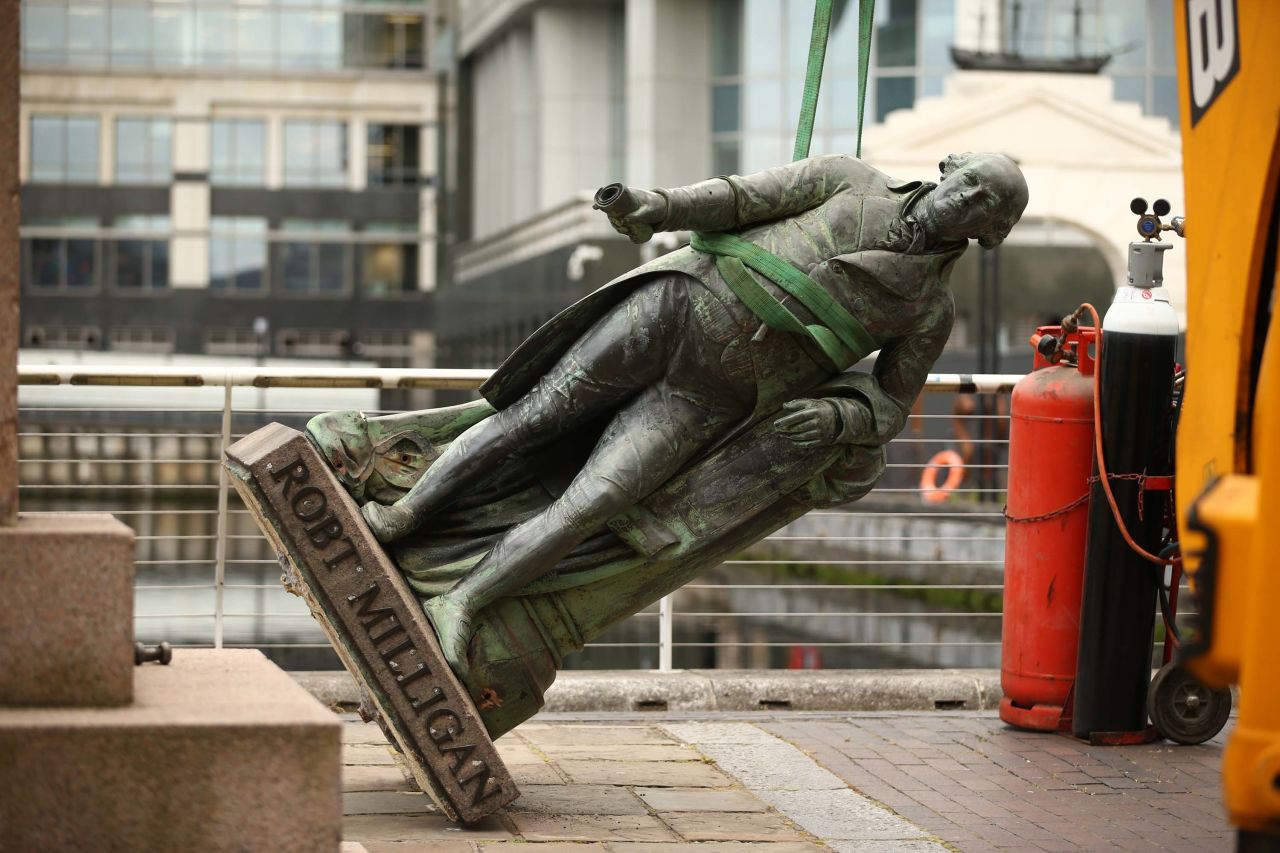 A statue of Scottish slave-owner Robert Milligan was removed from east London on Tuesday.
