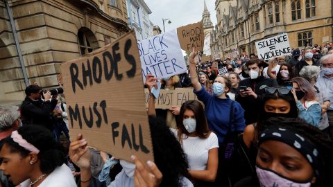 Demonstrators at a Rhodes Must Fall protest outside Oriel College at the University of Oxford on June 9.