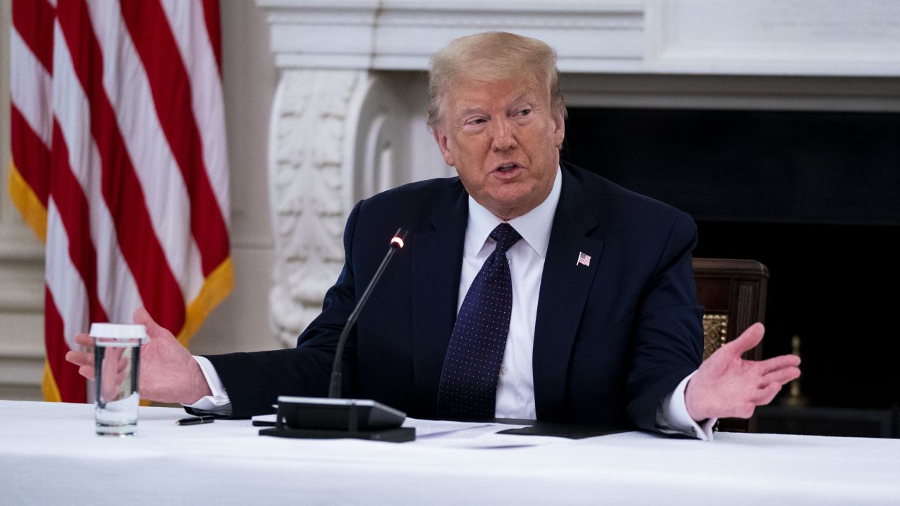 WASHINGTON, DC - JUNE 08: U.S. President Donald Trump makes remarks as he participates in a roundtable with law enforcement officials in the State Dining Room of the White House, June, 8, 2020 in Washington, DC. From L-R is Attorney General William Barr, Daniel J, Cameron Attorney General for the Commonwealth of Kentucky,  Trump. (Photo by Doug Mills-Pool/Getty Images)