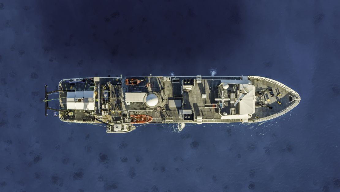 An aerial view of the DSSV Pressure Drop, which serves as the expedition's purpose-built 'mother ship' and primary operations platform.