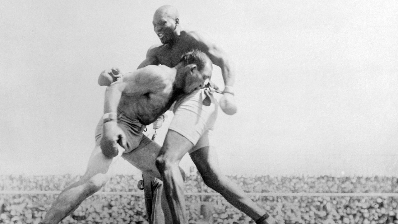 Johnson faces Jeffries in the "Fight of the Century" in 1910.